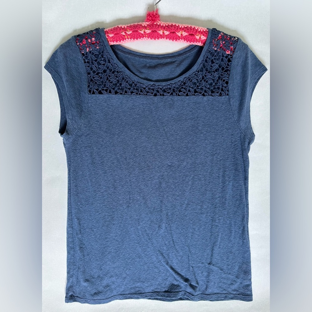 Blue denim colored t with soft lace around collar.